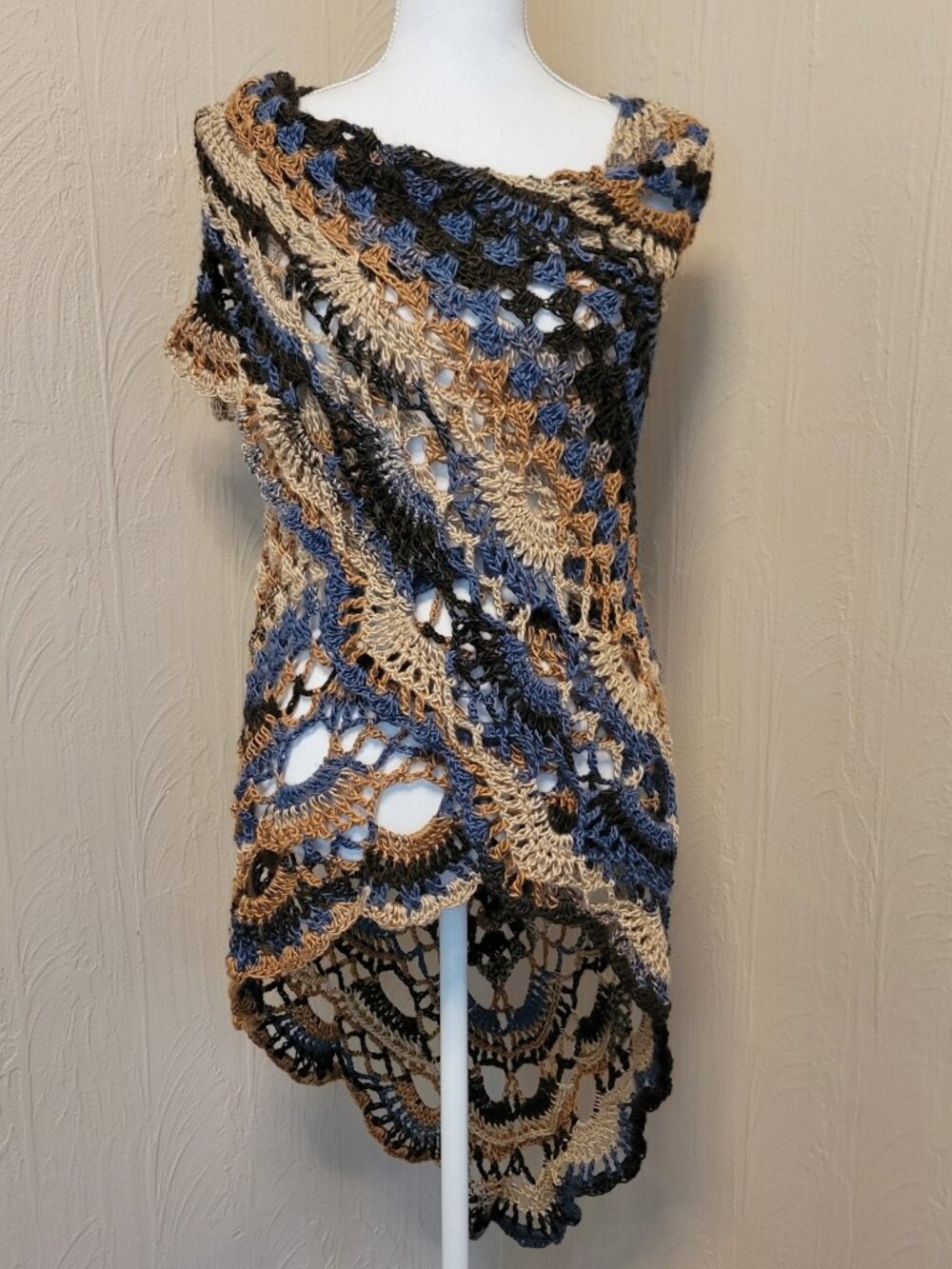 Boho Shawl Handmade Crochet Triangle Shawl Wrap Brown Blue Beige